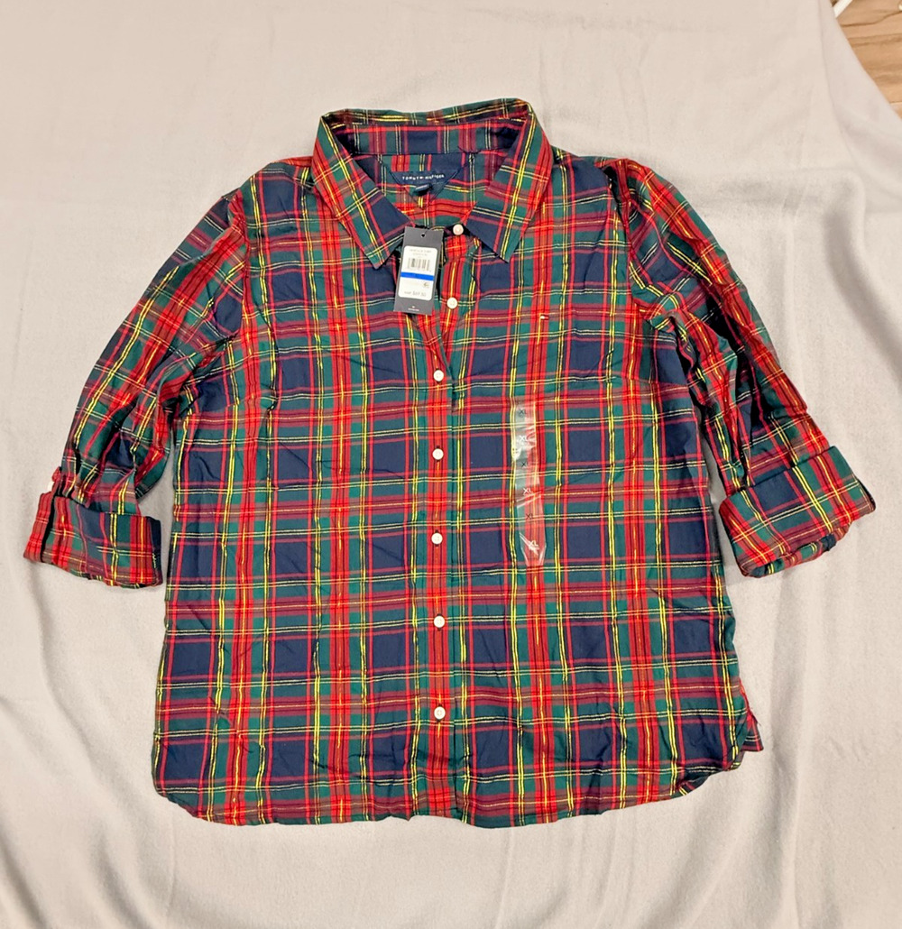 Tommy Hilfiger Heritage Shirt Women XL Multi Plaid Roll Tab Sleeve Button-Up NWT